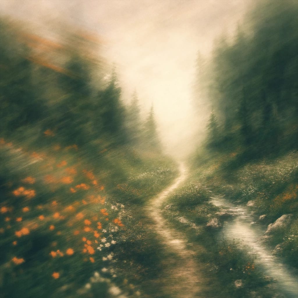 Stylized scene featuring a winding forest path vanishing into dense, misty trees with scattered wildflowers, rendered in deep forest green, off-white, and warm orange