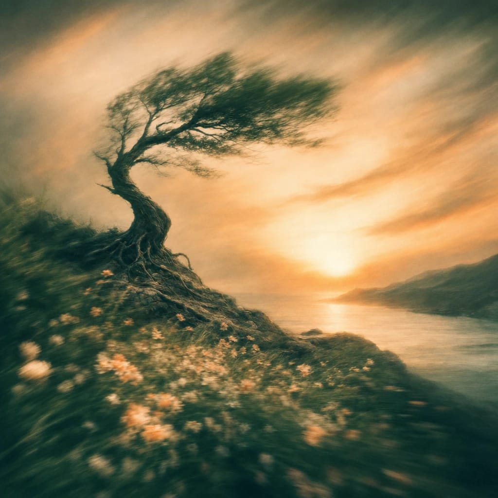 Stylized scene featuring a lone, wind-bent tree with gnarled roots gripping stony soil at sunset, rendered in deep forest green, off-white, and warm orange