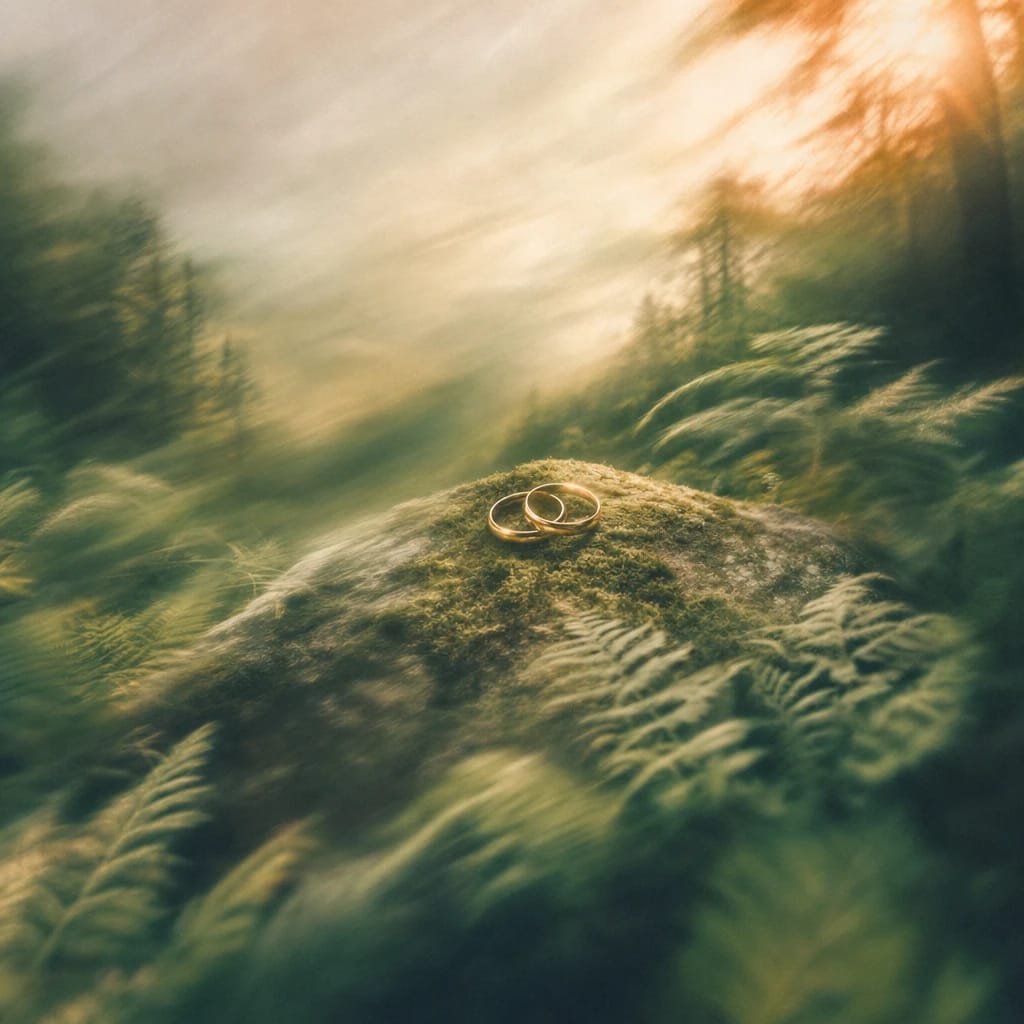 Stylized scene featuring two interlocked wedding rings resting on a mossy forest stone, surrounded by wild ferns and softly dappled sunlight, rendered in deep forest green, off-white, and warm orange