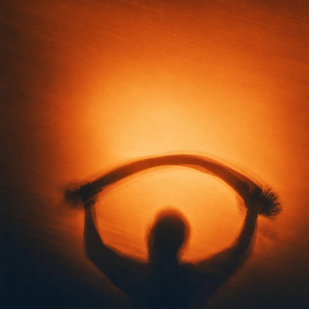 Stylized scene featuring a confident figure in motion, cropped at the waist, holding a team scarf aloft, rendered in burnt orange #C94A18