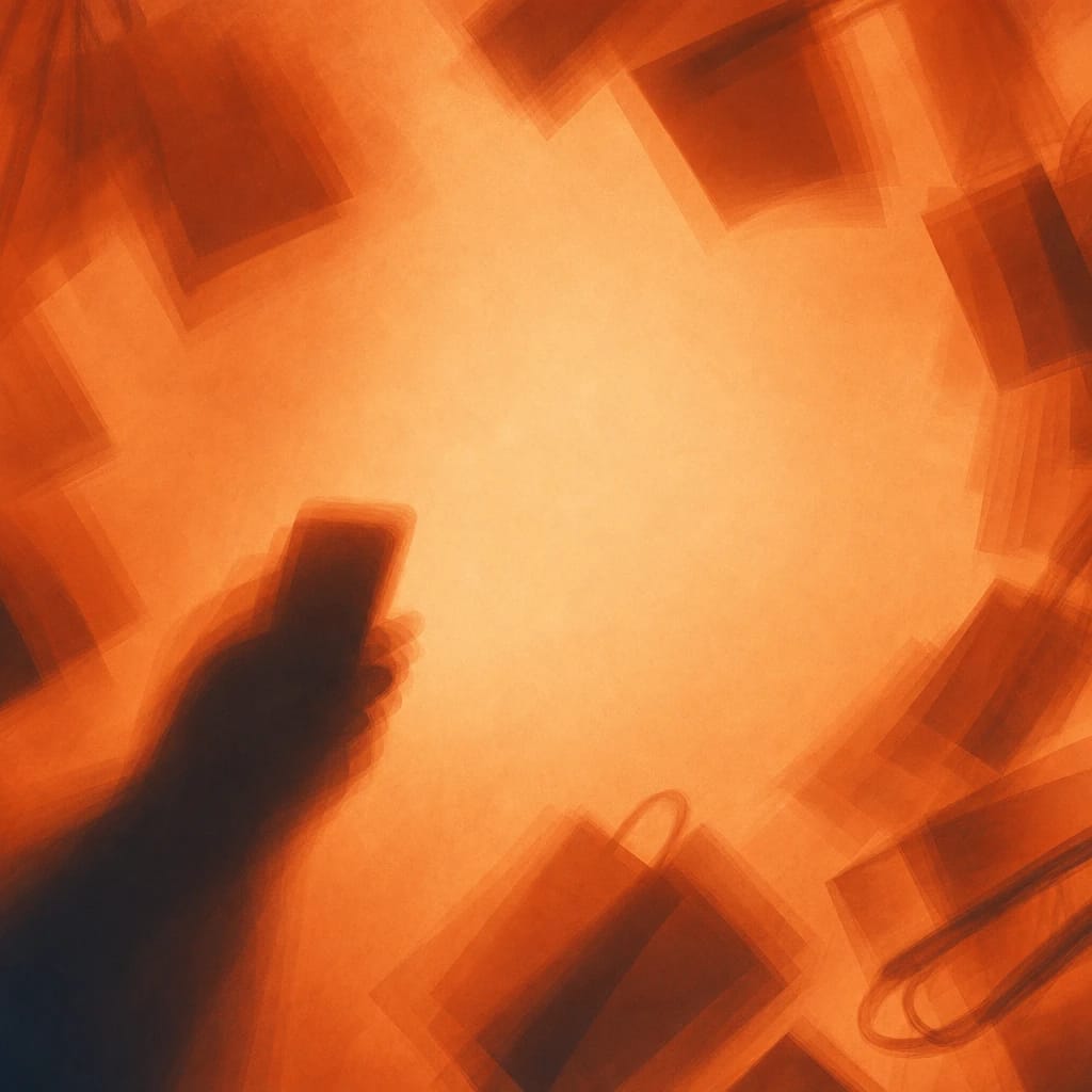 Stylized scene featuring a cropped silhouette of a person gesturing with a cellphone, framed by a swirl of shopping bags, rendered in burnt orange #C94A18