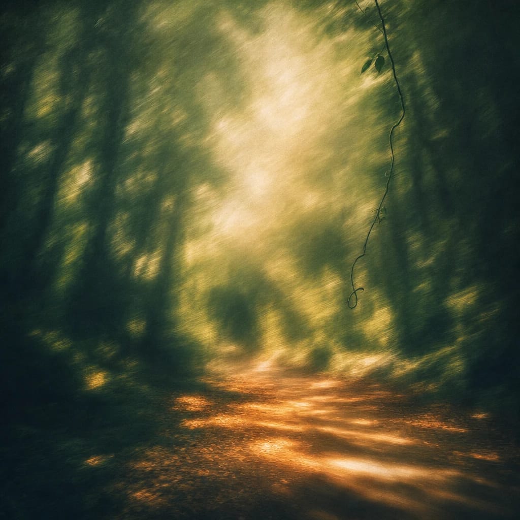Stylized scene featuring a winding forest path beneath towering, dense green canopies with sharp sunlight dappling fallen leaves, a single vine curling downward in foreground, rendered in deep forest green, off-white, and warm orange