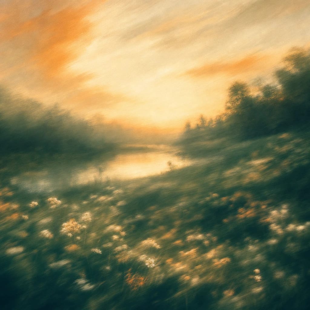 Stylized scene featuring a tranquil glade at dawn with wildflowers under a softly glowing, cloud-streaked sky, rendered in deep forest green, off-white, and warm orange