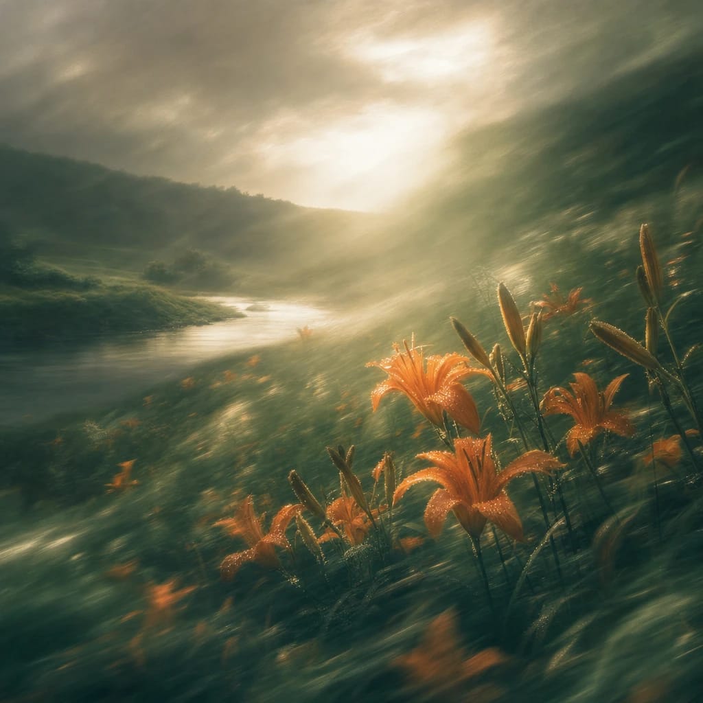 Stylized scene featuring lush wildflower meadow with tall orange lilies and a single spotlight beam illuminating dew-covered blooms, rendered in deep forest green, off-white, and warm orange