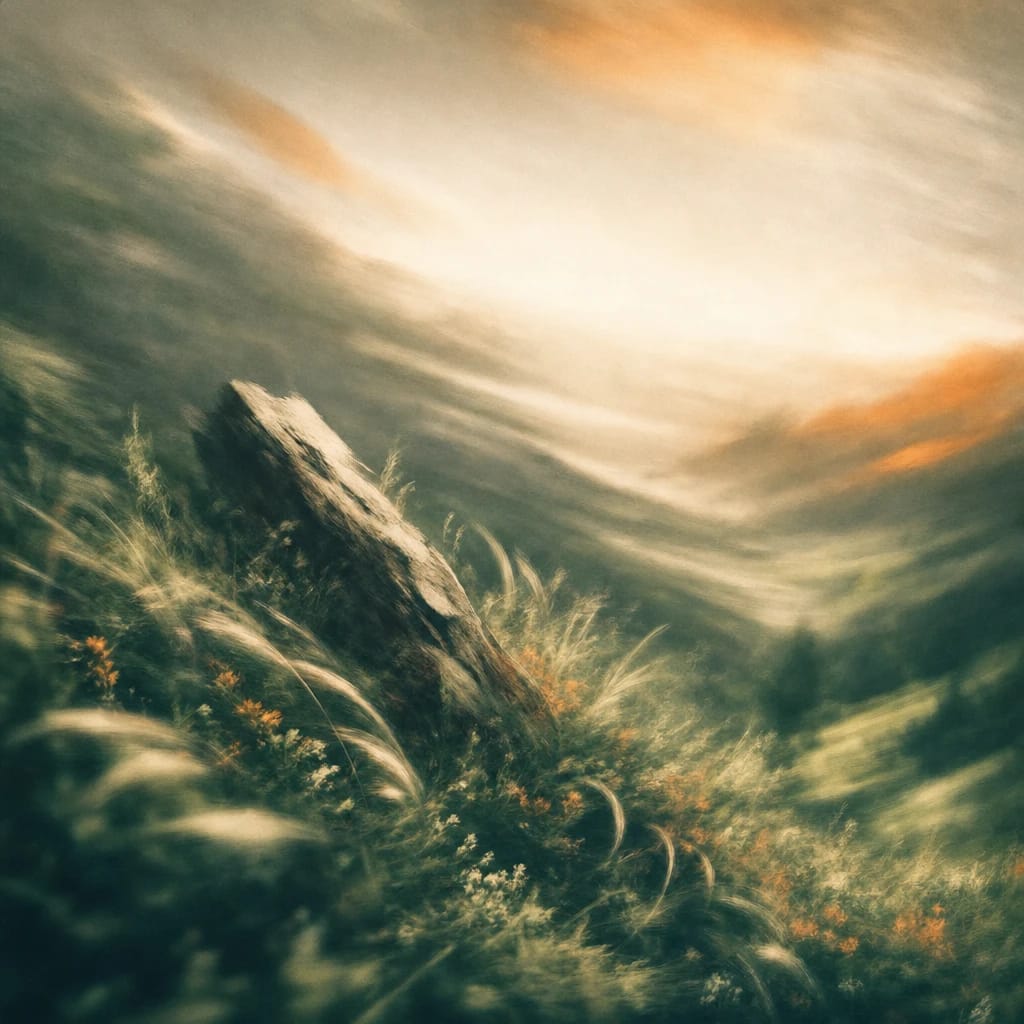 Stylized scene featuring a jagged boulder jutting from overgrown forest floor, wild grasses curling around its harsh edges, rendered in deep forest green, off-white, and warm orange
