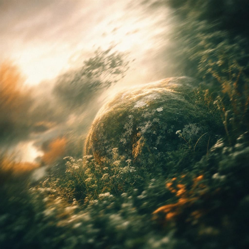 Stylized scene featuring a mossy, lichen-covered boulder in dense underbrush, filtered sunlight catching its rough textures, rendered in deep forest green, off-white, and warm orange