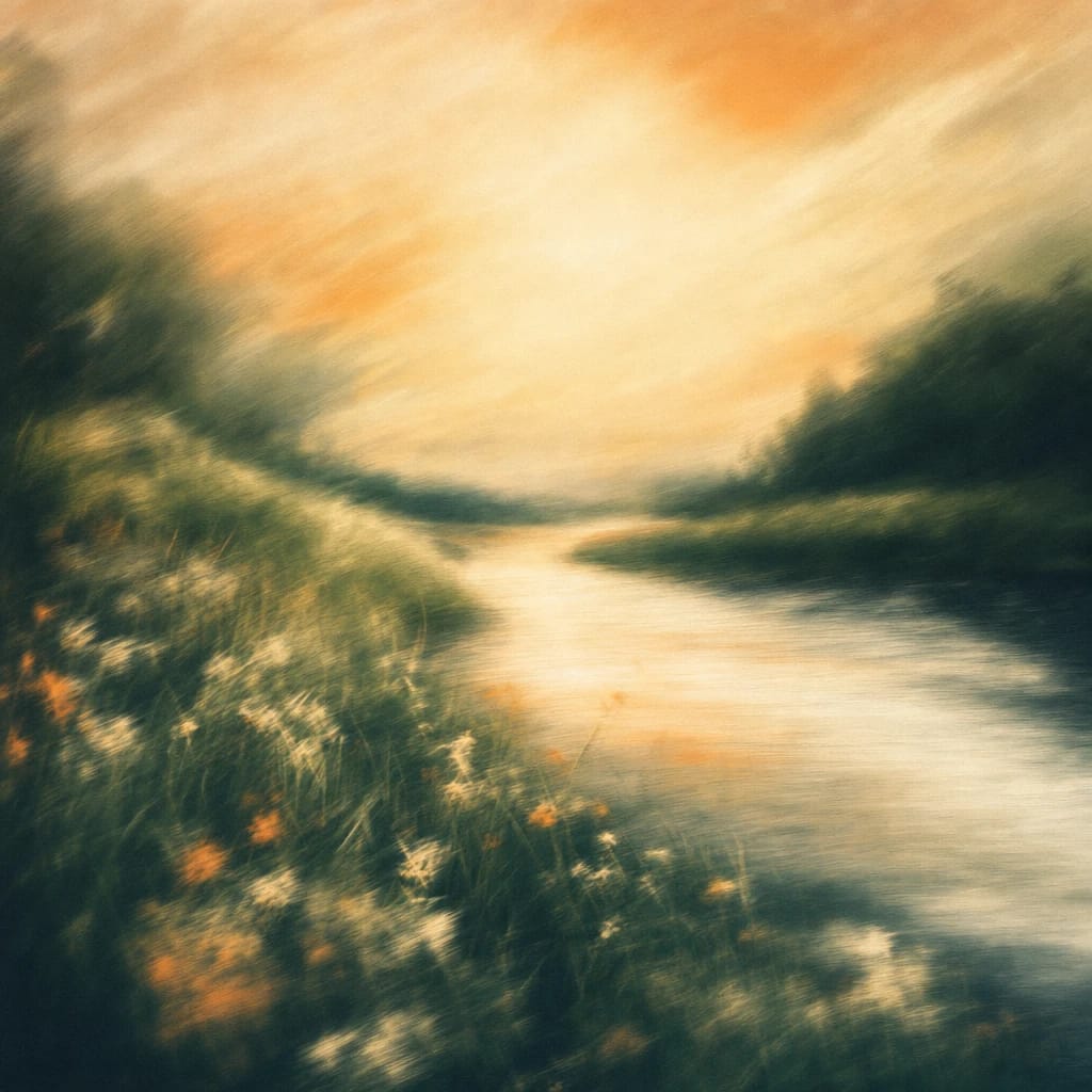 Stylized scene featuring a tranquil riverside with tall grasses, soft wildflowers, and a gently curving bank under a lazy afternoon sky, rendered in deep forest green, off-white, and warm orange