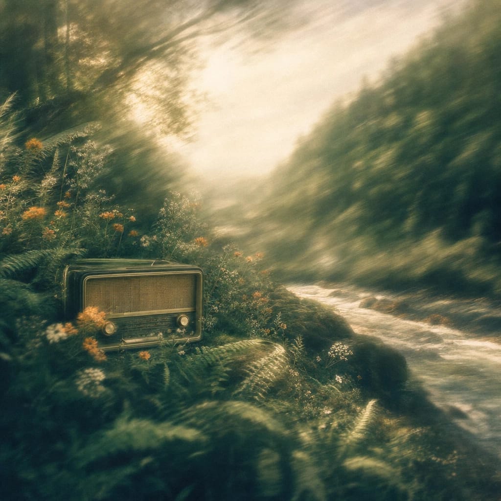 Stylized scene featuring a vintage radio nestled among ferns and wildflowers under dappled forest light, rendered in deep forest green, off-white, and warm orange