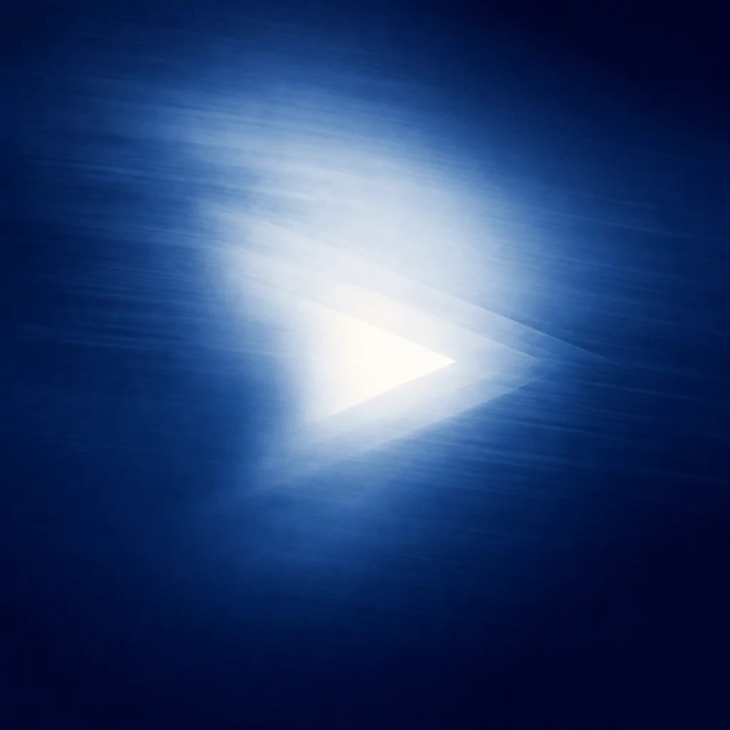 Stylized scene featuring glowing screen with radiating play button motif, rendered in deep cobalt #173E8F
