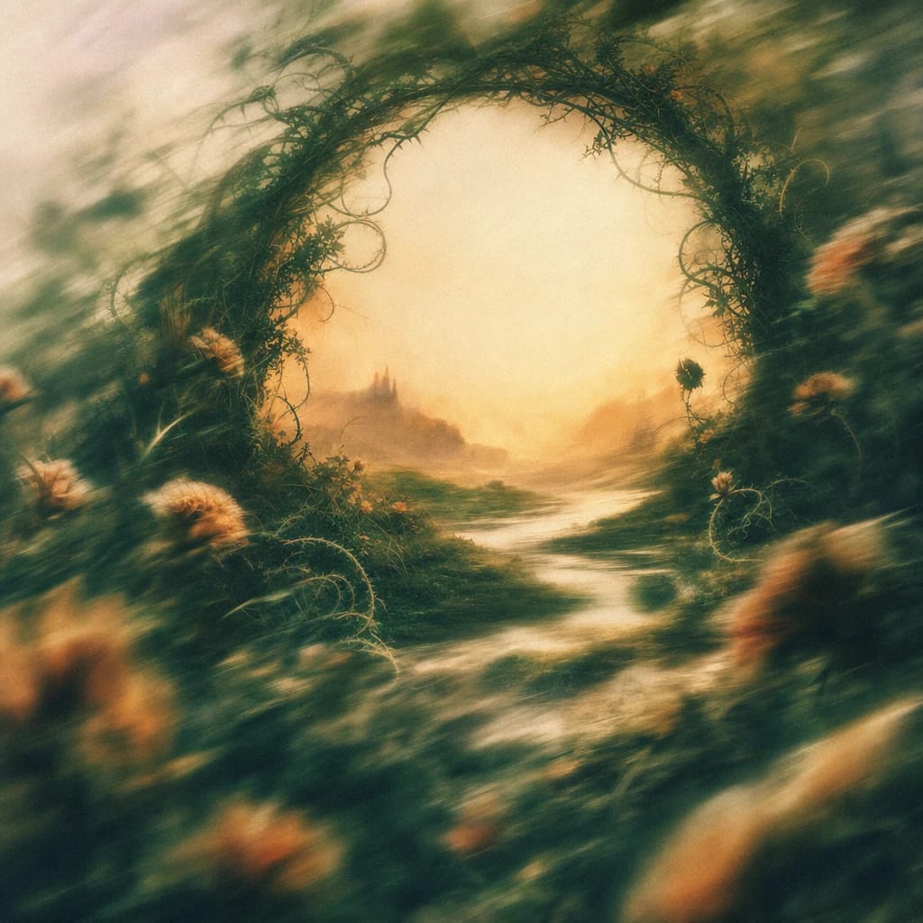 Stylized scene featuring thorny, overgrown bramble archway with curling vines and ominous shadowy blooms, rendered in deep forest green, off-white, and warm orange