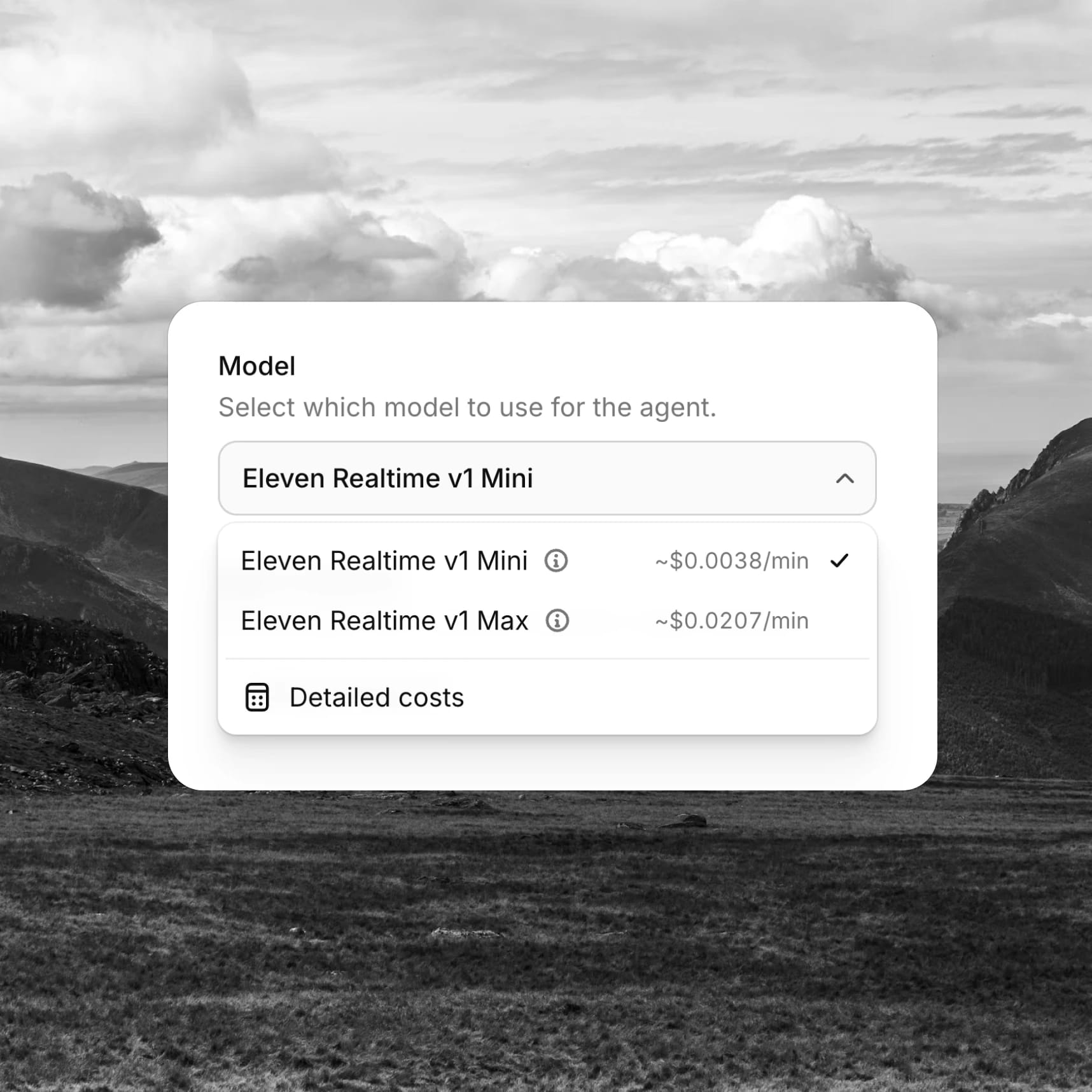Model selection menu with Eleven Realtime v1 Mini selected and Max option listed.