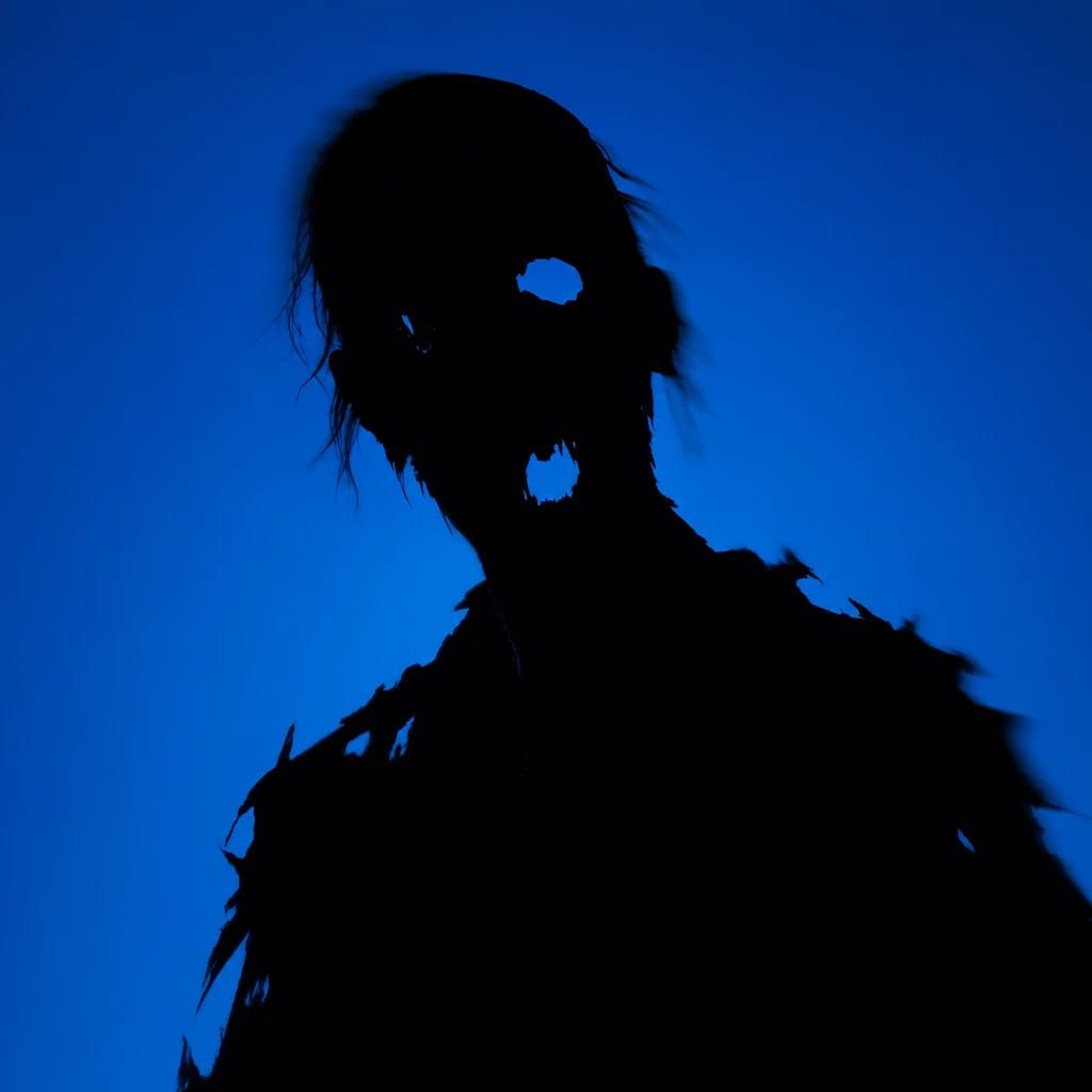 Stylized scene featuring shambling zombie with torn clothes, rendered in #004CB6