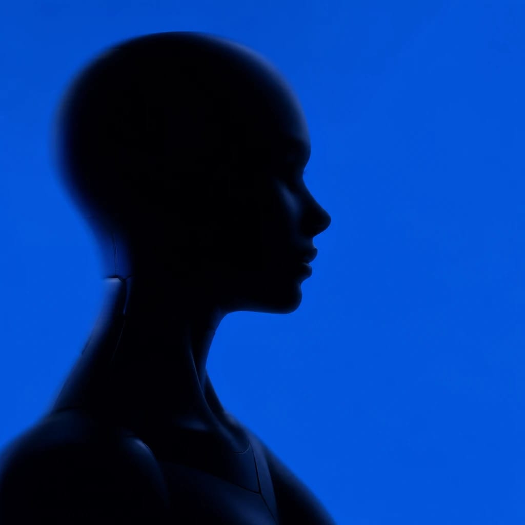 Stylized scene featuring sleek female android head and shoulders, rendered in #004CB6