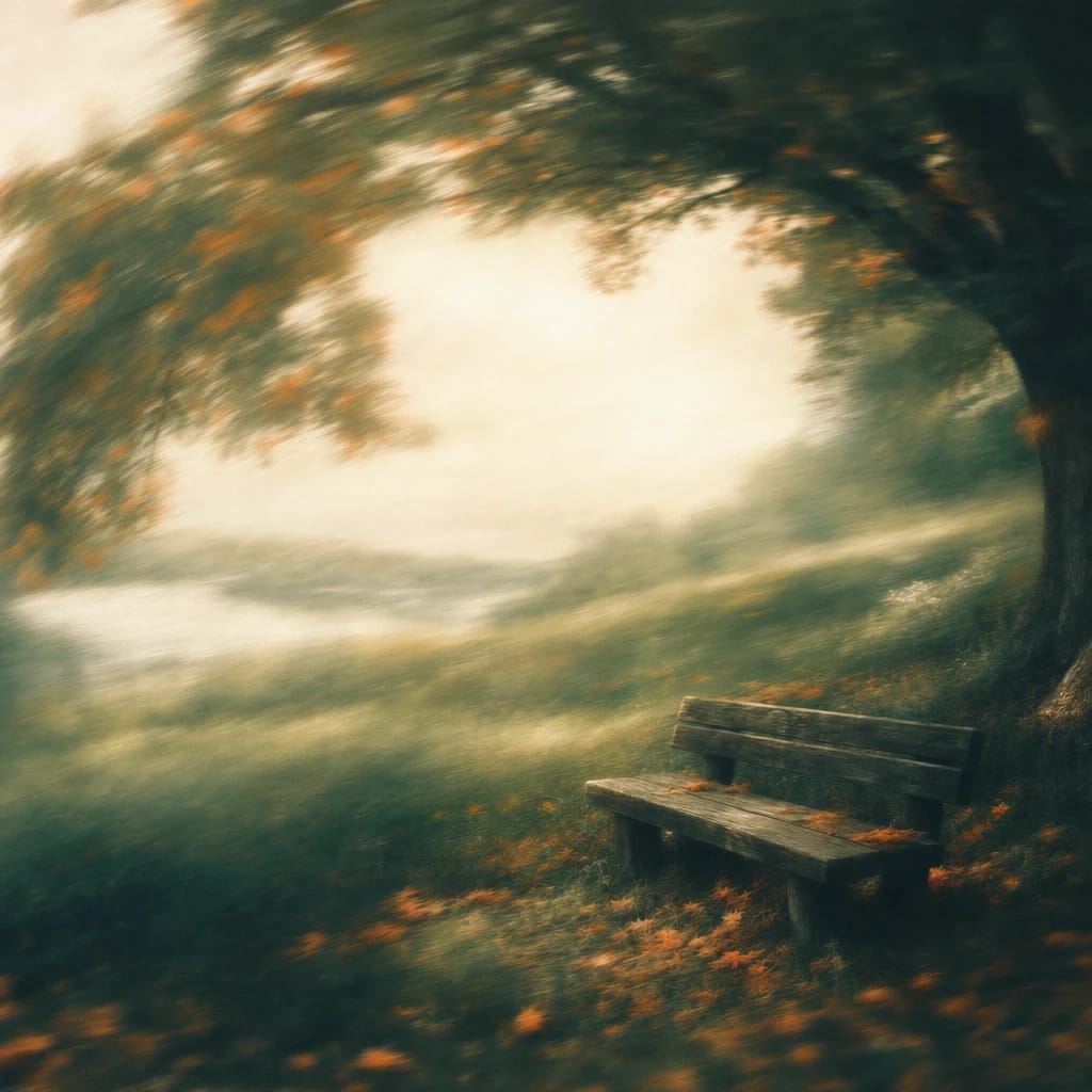 Stylized scene featuring a weathered wooden bench beneath sprawling tree branches, scattered with fallen leaves on lush grass, rendered in deep forest green, off-white, and warm orange
