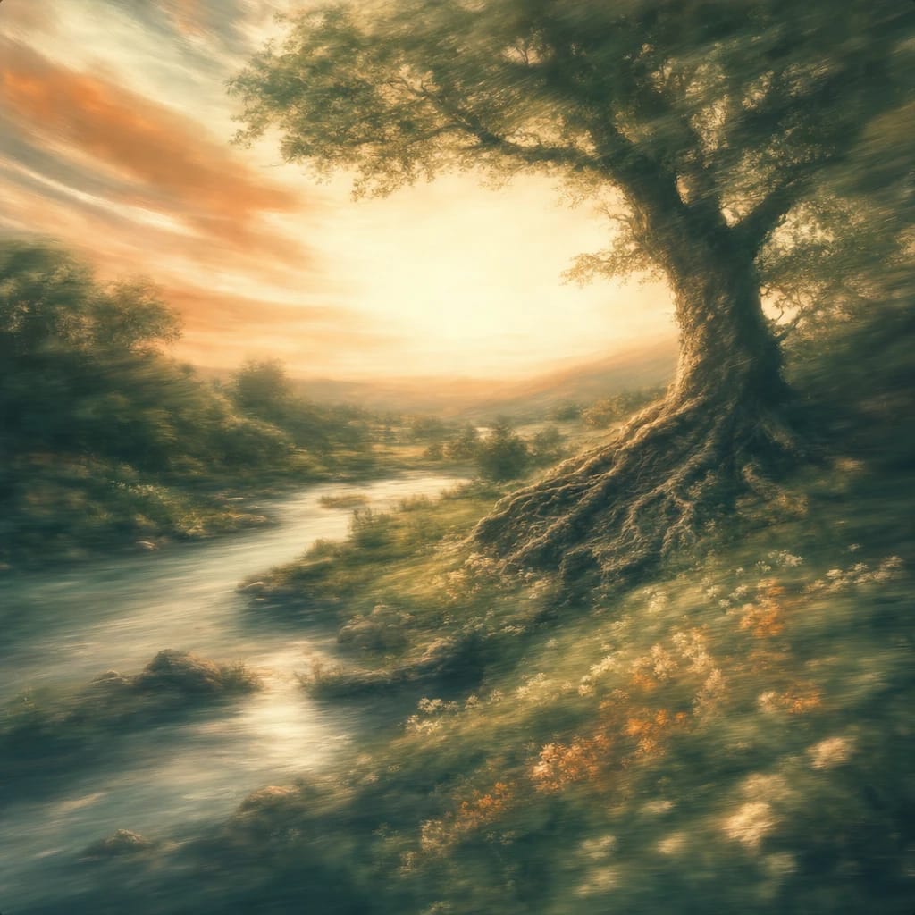 Stylized scene featuring a sturdy oak tree with roots exposed beside a gently winding river under a soft, warm sky, rendered in deep forest green, off-white, and warm orange