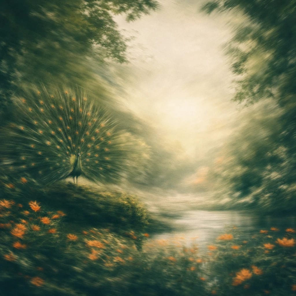 Stylized scene featuring peacock fanning its vibrant tail among lush forest greenery and scattered orange wildflowers, rendered in deep forest green, off-white, and warm orange