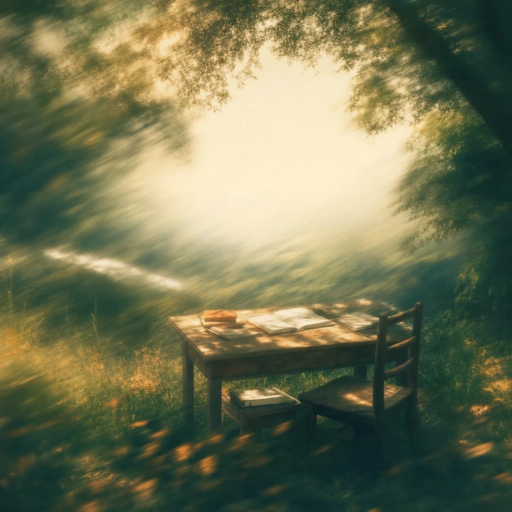 Stylized scene featuring a sunlit wooden study desk beneath leafy tree branches, dappled with light, surrounded by lush green grass and scattered notebooks, rendered in deep forest green, off-white, and warm orange