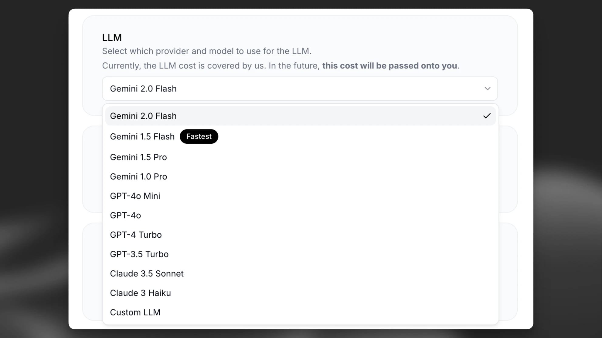 Dropdown menu showing different AI language model options for selection.