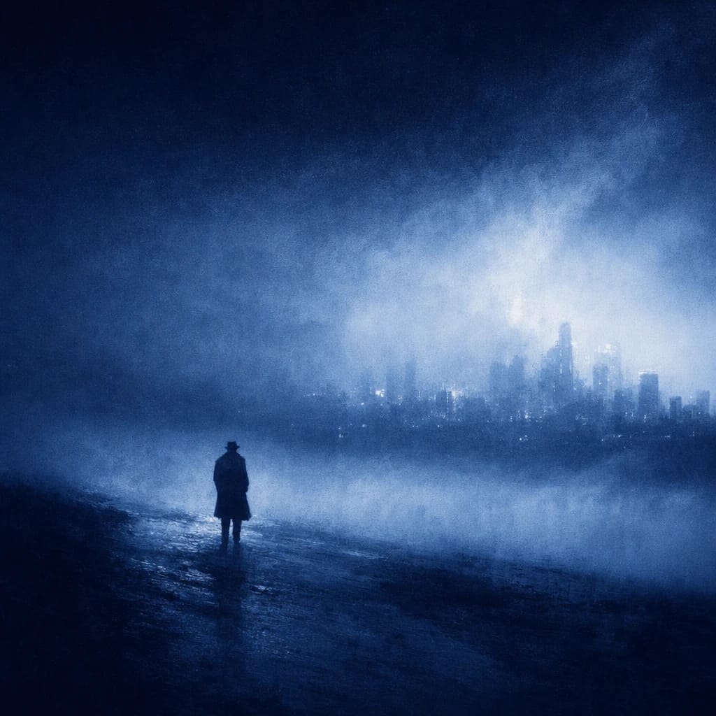 Stylized scene featuring a fog-shrouded detective silhouette, with dim city lights in the distance, rendered in #DFE8F3 and #020A2F