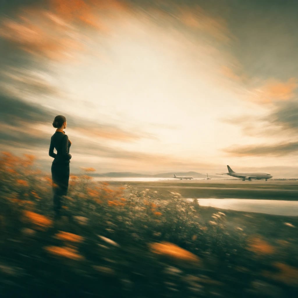 Stylized scene featuring a flight attendant in profile, standing beside a wildflower meadow at the edge of an airport runway, with distant planes and sweeping open sky, rendered in deep forest green, off-white, and warm orange