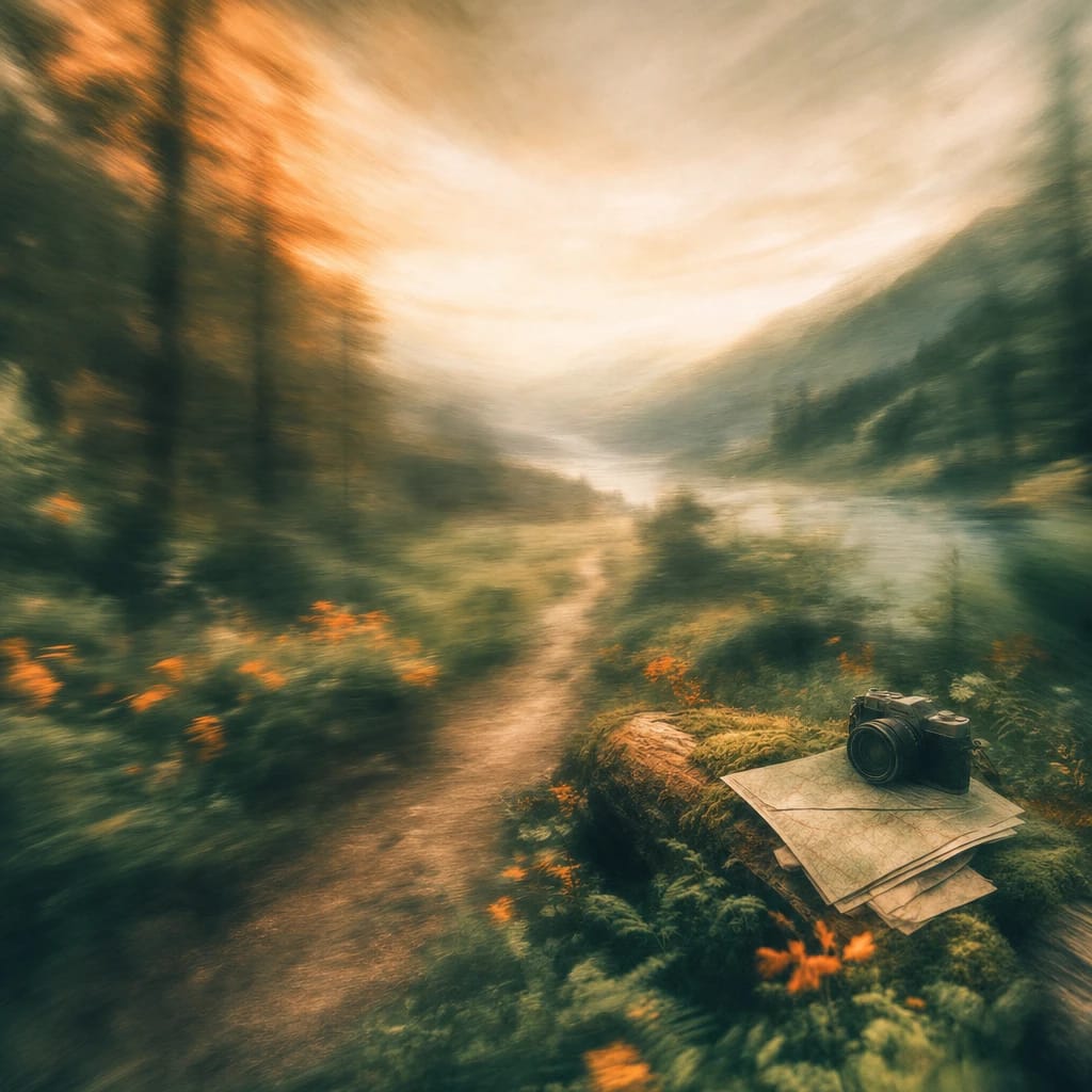 Stylized scene featuring a winding forest trail with a well-worn path, scattered travel maps and a camera resting on a mossy log, rendered in deep forest green, off-white, and warm orange