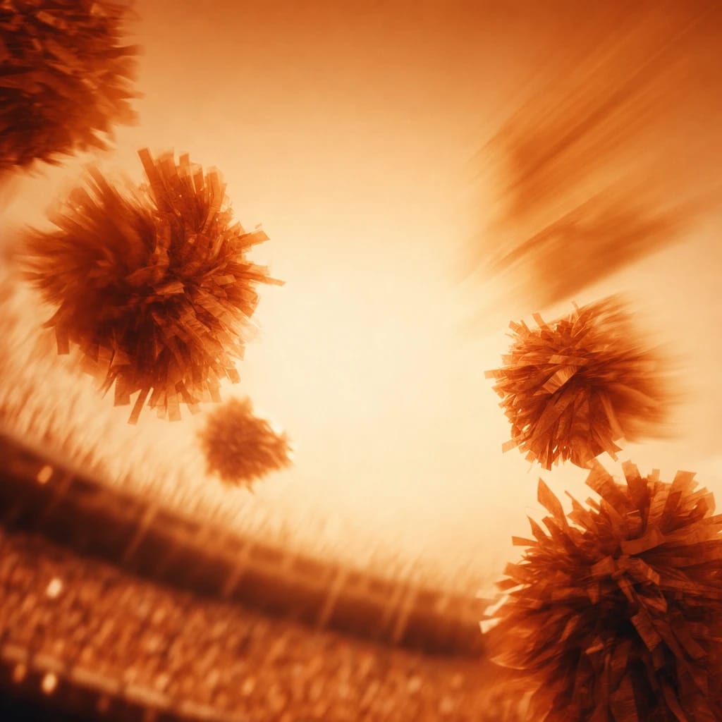 Stylized scene featuring pom-poms in mid-air against a blurred stadium backdrop, rendered in burnt orange #C94A18