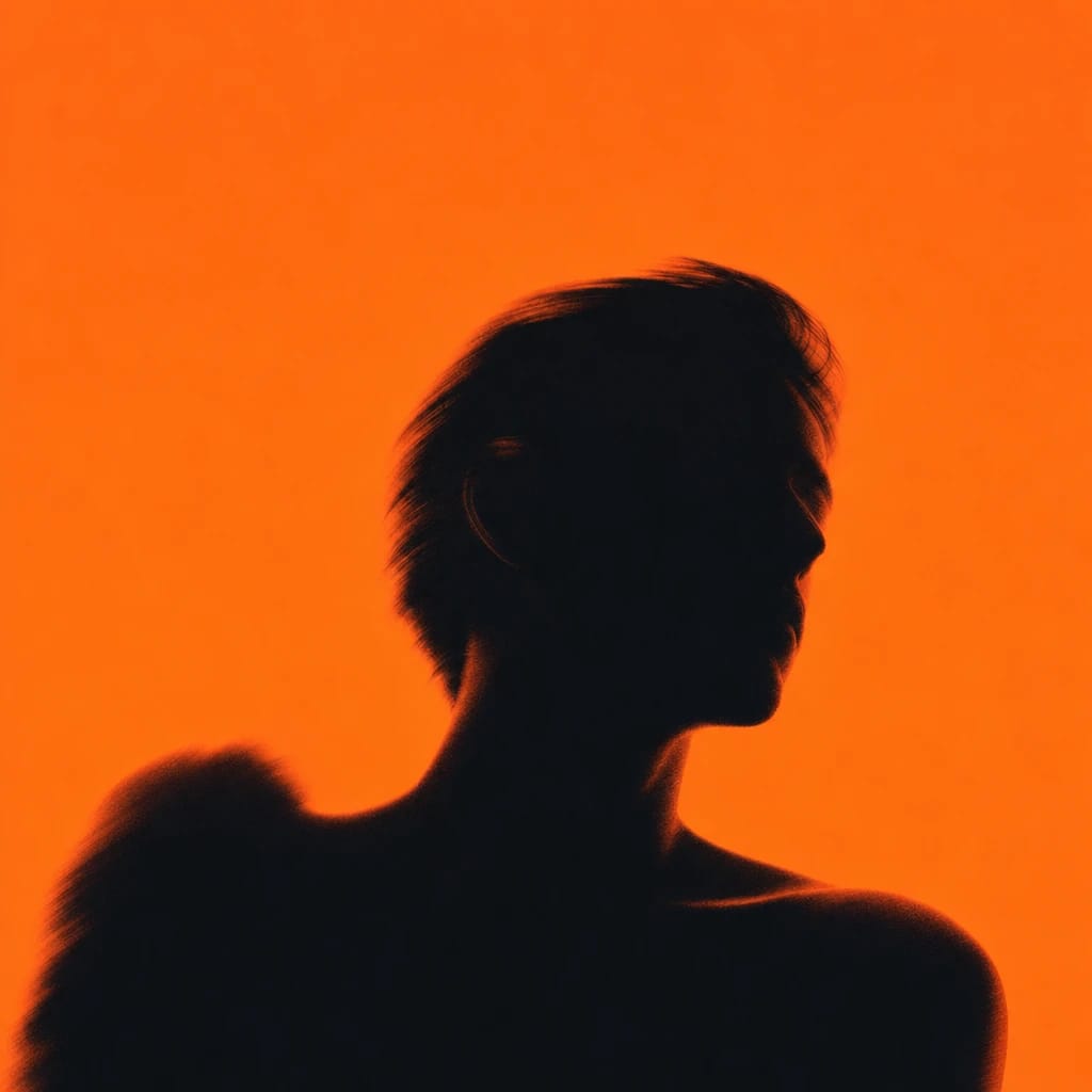 Stylized scene featuring silhouetted alluring figure with dramatic lighting, rendered in #F76D3F