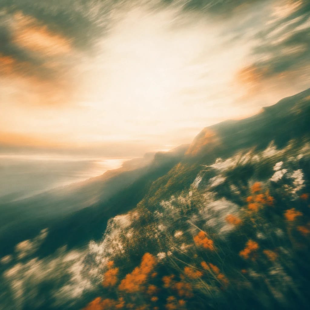 Stylized scene featuring a sunlit mountain summit with bold wildflowers along the rocky ledge, rendered in deep forest green, off-white, and warm orange