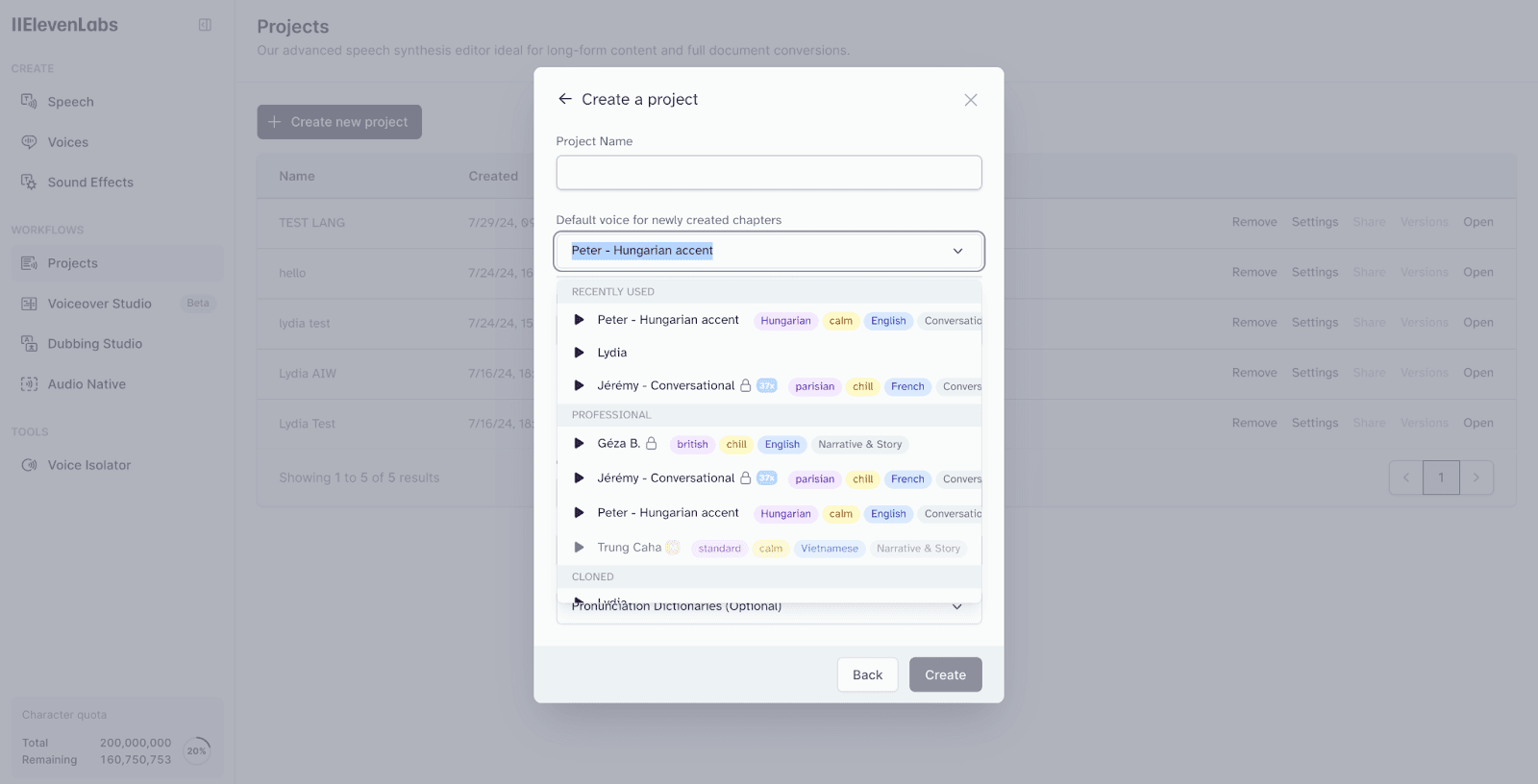 Create a project dialog box with options for voice selection and recent, professional, and cloned voice presets.