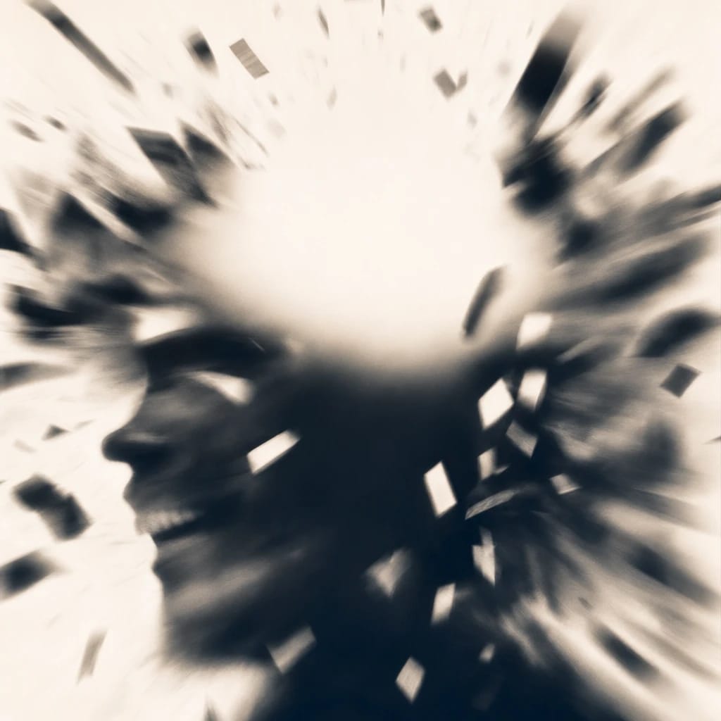 Stylized scene featuring bursting confetti over a smiling face silhouette, rendered in orange, off-white