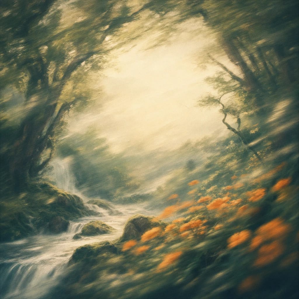 Stylized scene featuring lively forest canopy with towering, twisting trees and bursts of orange wildflowers spilling over mossy rocks, rendered in deep forest green, off-white, and warm orange