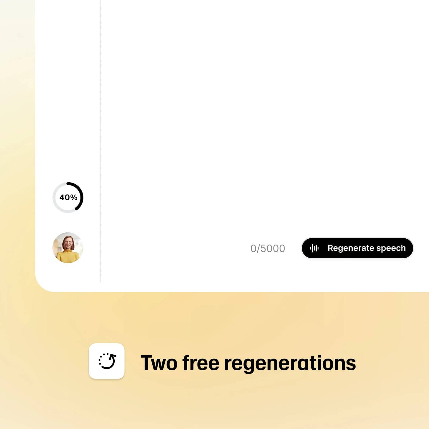 A user interface screen showing a speech generation tool with a "Regenerate speech" button, a progress indicator at 40%, and a profile picture of a smiling woman.