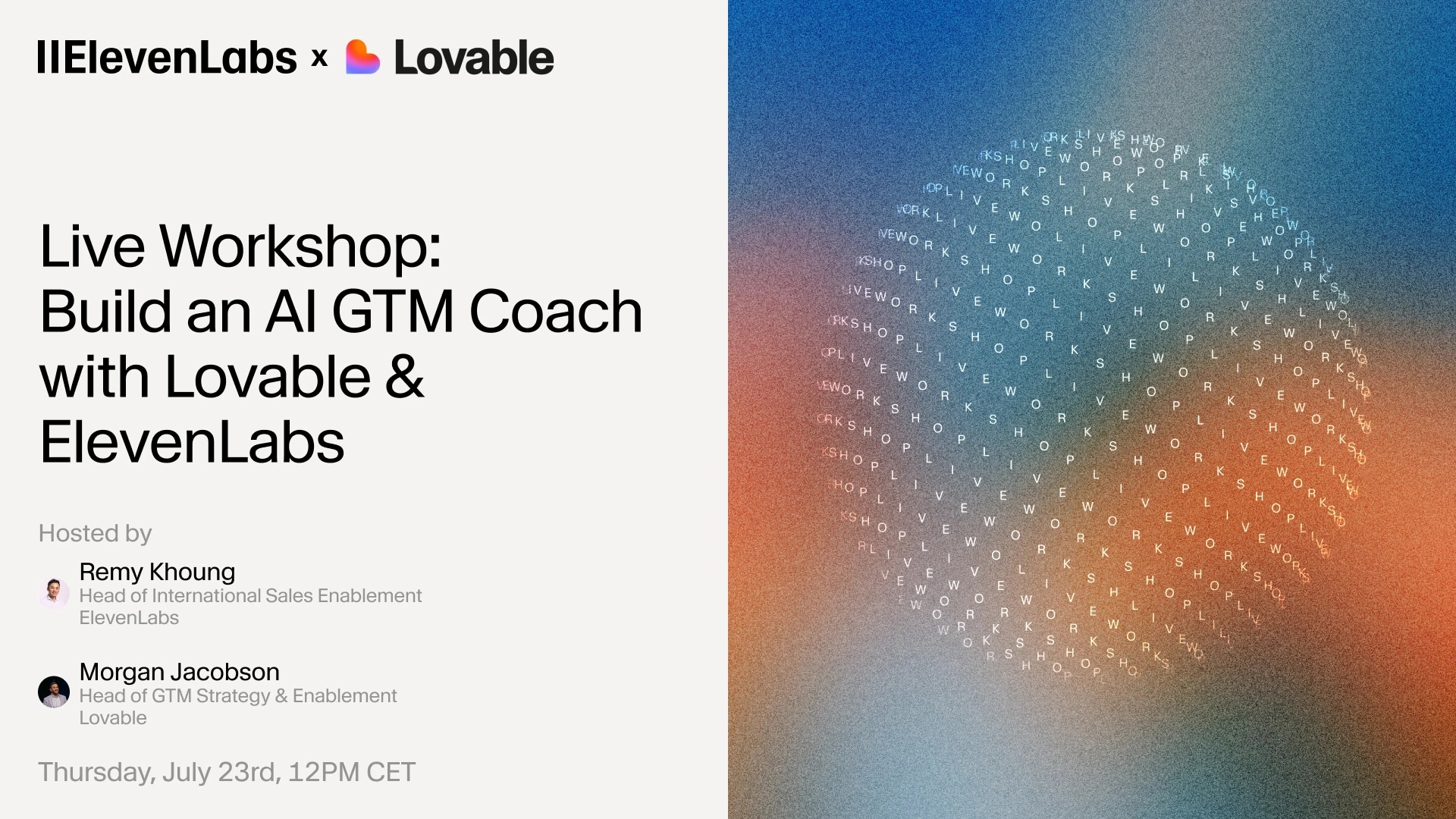 Workshop announcement for building an AI GTM Coach, hosted by Remy Khoung and Morgan Jacobson.