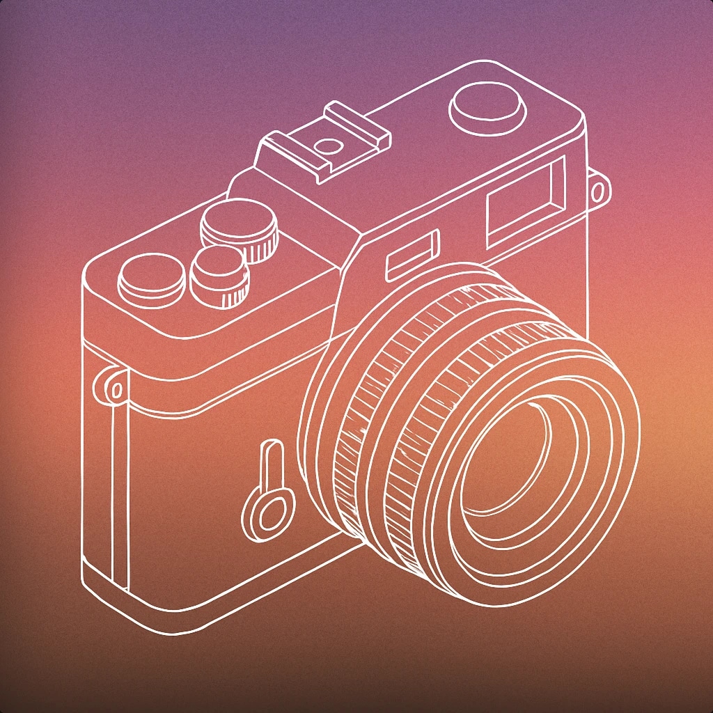 Cover of vintage film camera with a prominent circular lens and a visible shutter button for Camera sound effects