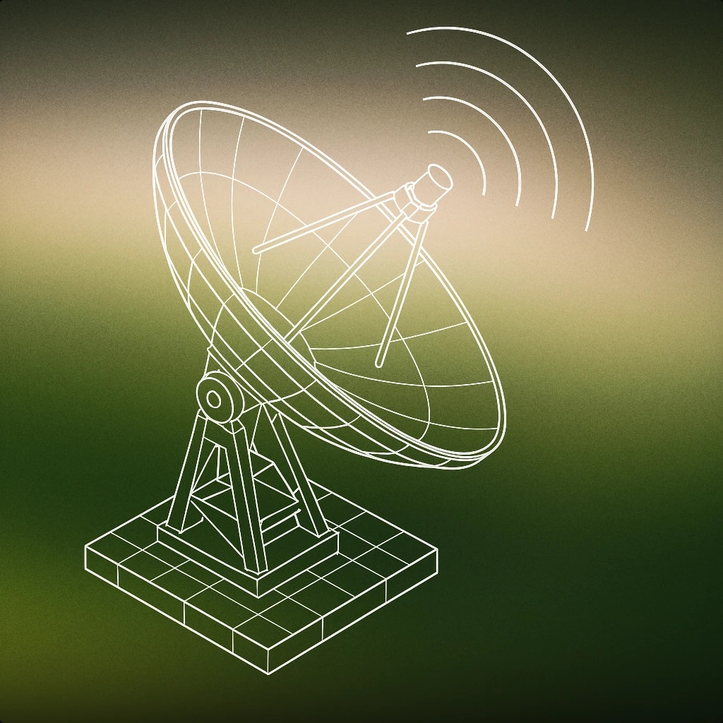 Cover of Satellite dish with a parabolic reflector pointed upwards, emitting stylized soundwave arcs into the void for Space sound effects
