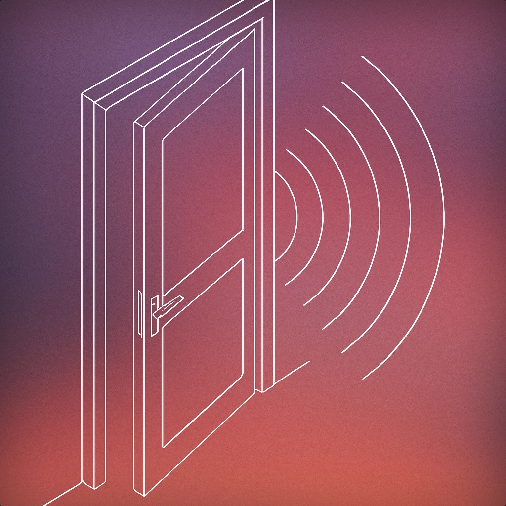 Cover of an open door with sound waves emanating outward for Get Out sound effects