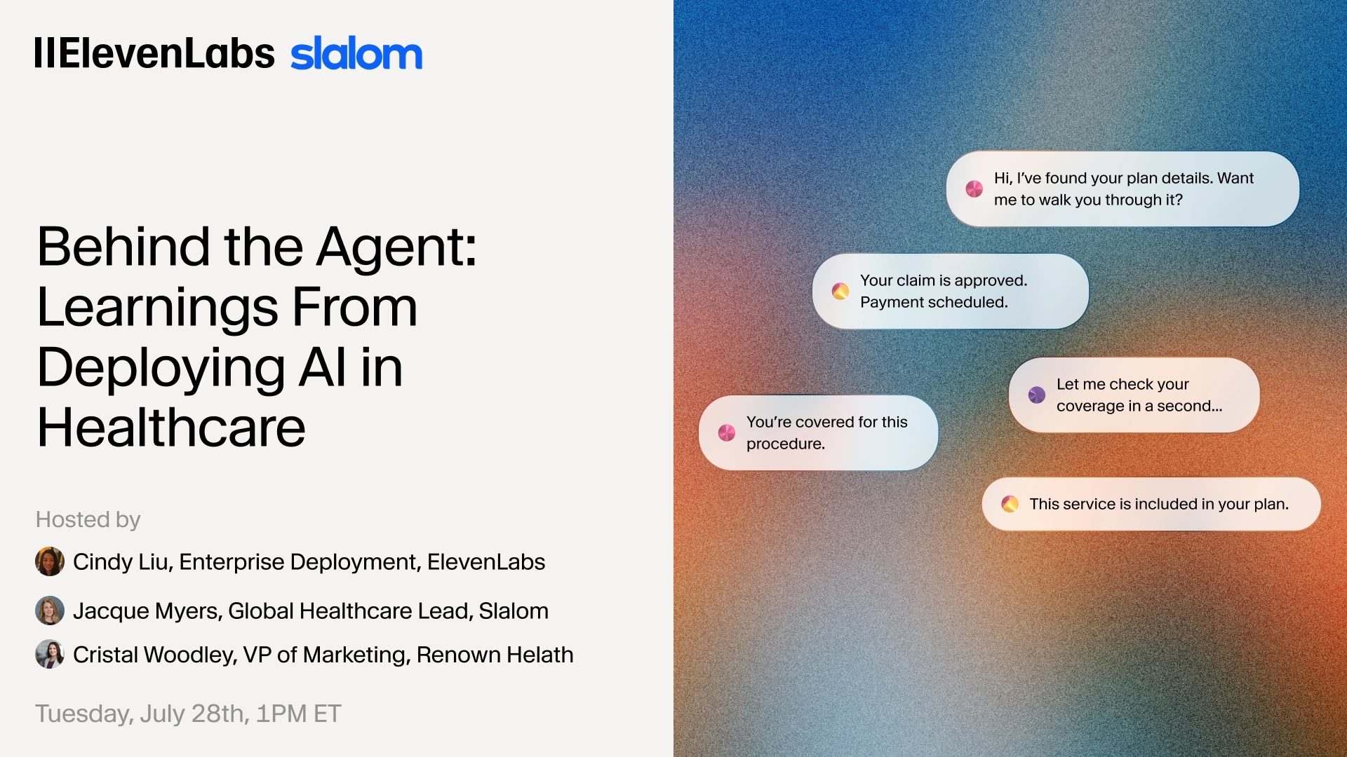 ElevenLabs and Slalom event on deploying AI in healthcare, hosted by industry experts.