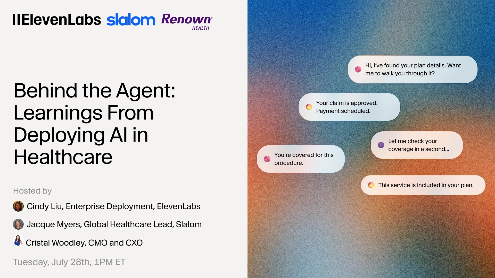 Event flyer for "Behind the Agent: Learnings From Deploying AI in Healthcare," July 28th, 1 PM ET.
