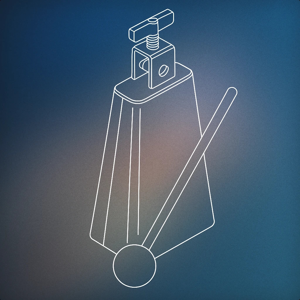 Cover of A single, classic handheld cowbell with a simple beater resting against it for Cowbell sound effects