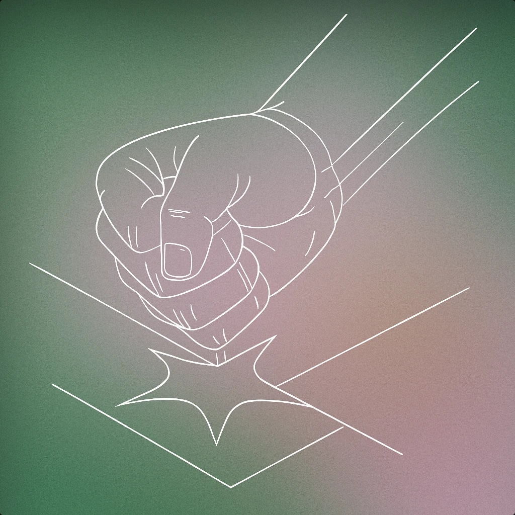 Cover of a clenched fist making contact with a flat surface, with a single stylized impact ripple emanating from the point of contact for Punching sound effects