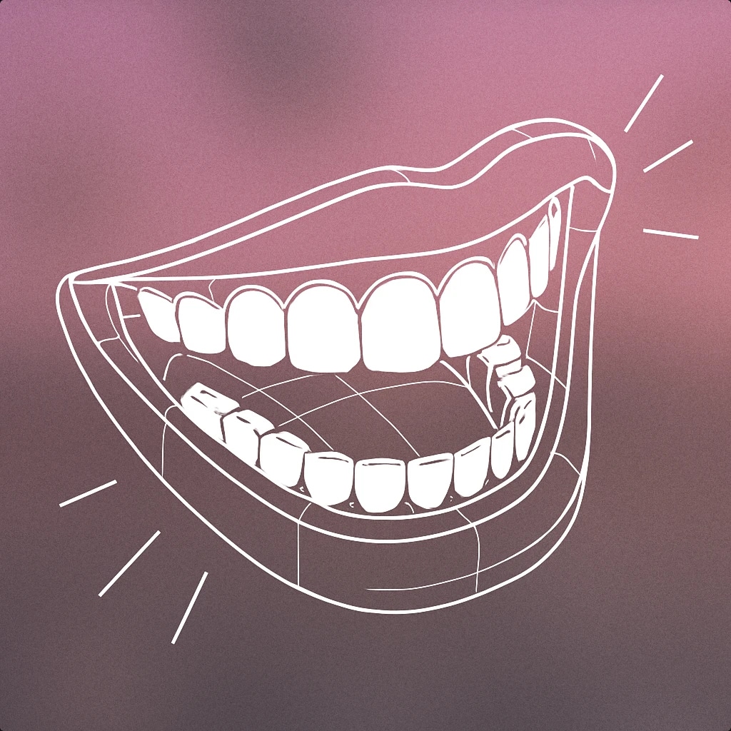 Cover of a stylized open mouth with a wide smile and visible teeth, with a few simple curved lines radiating outward to suggest laughter for Kids Laughing sound effects