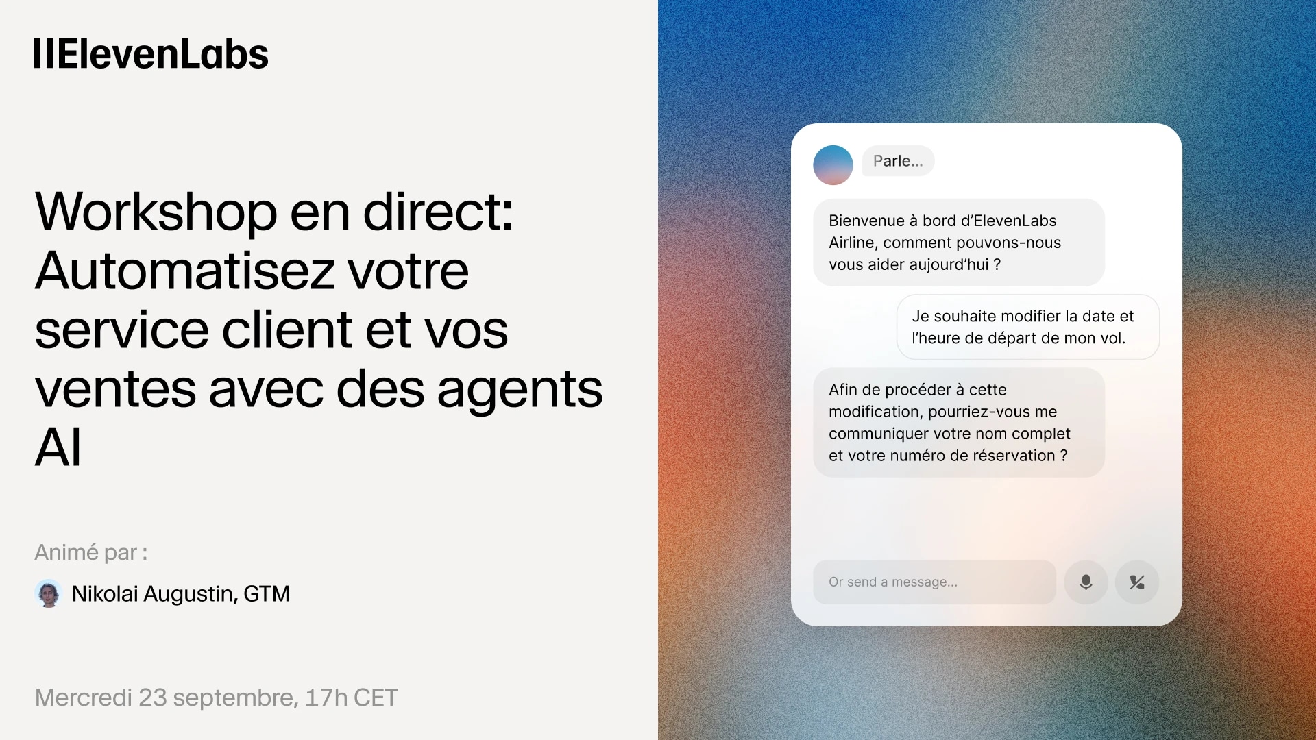 Annonce d’un atelier ElevenLabs sur l’automatisation du service client et des ventes par IA.