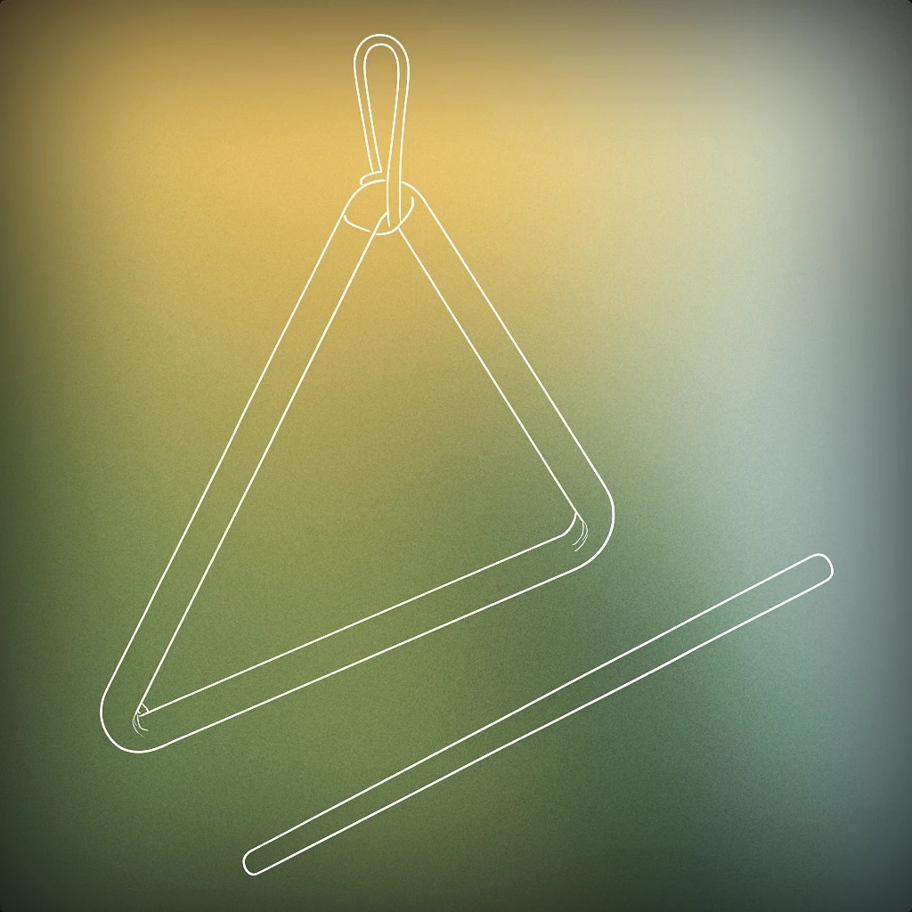 Cover of a single metallic triangle percussion instrument with a thin striker resting beside it for Ting sound effects