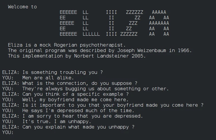 Terminal screenshot of an ELIZA psychotherapy chatbot conversation about depression.