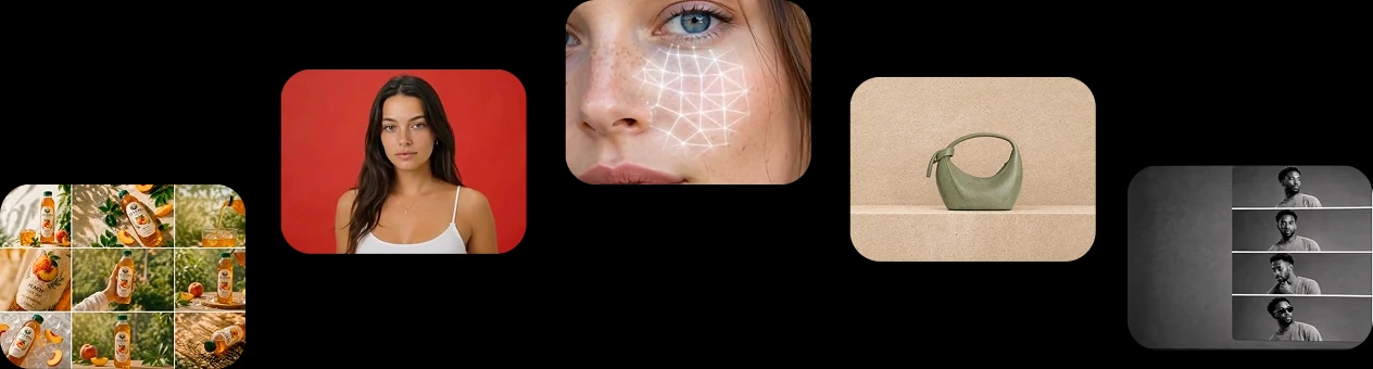 Collage of beverage advertising, a model, skincare technology, a handbag, and portraits.