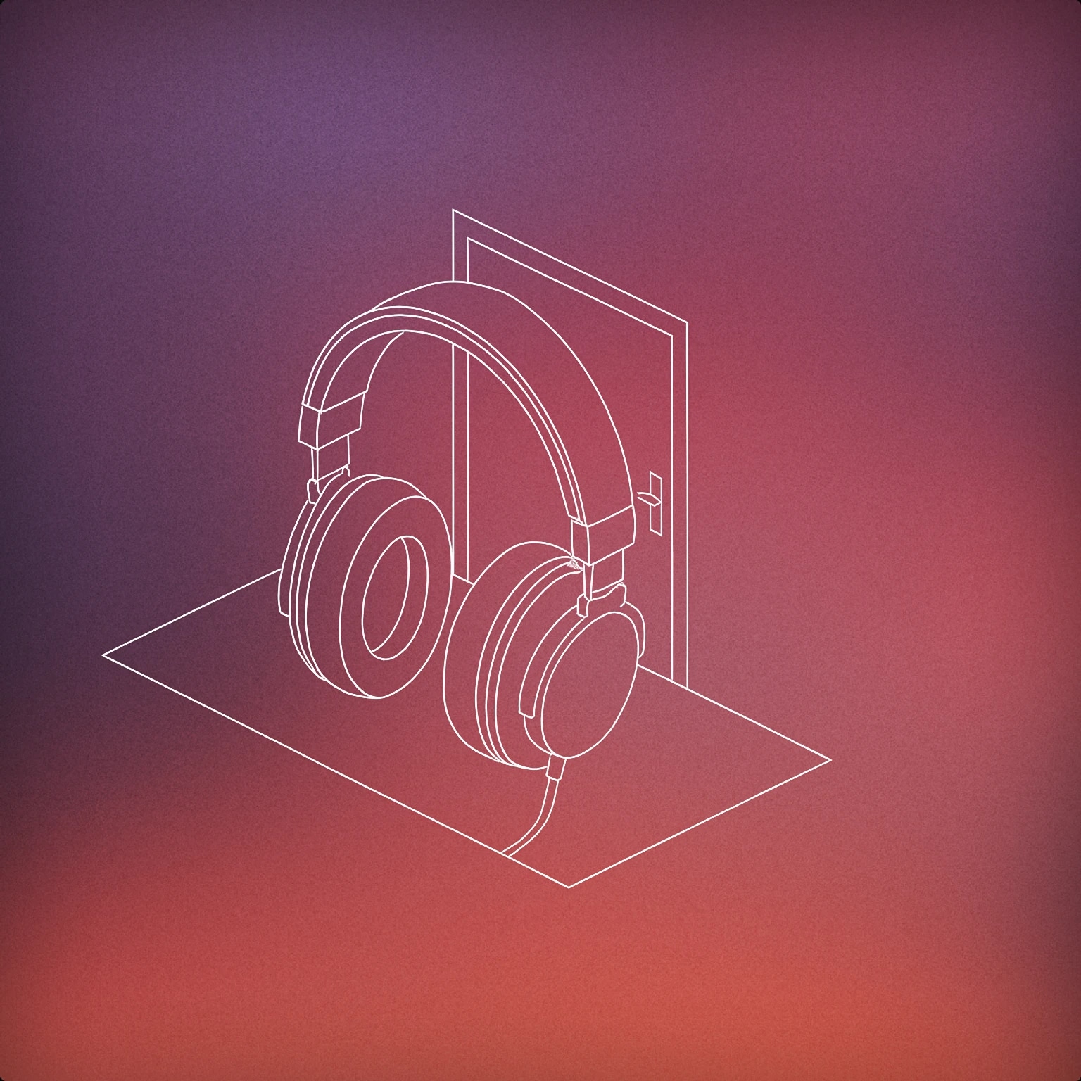 Cover of a single headphone resting on a flat plane with a simplified door outline behind it for Enter sound effects