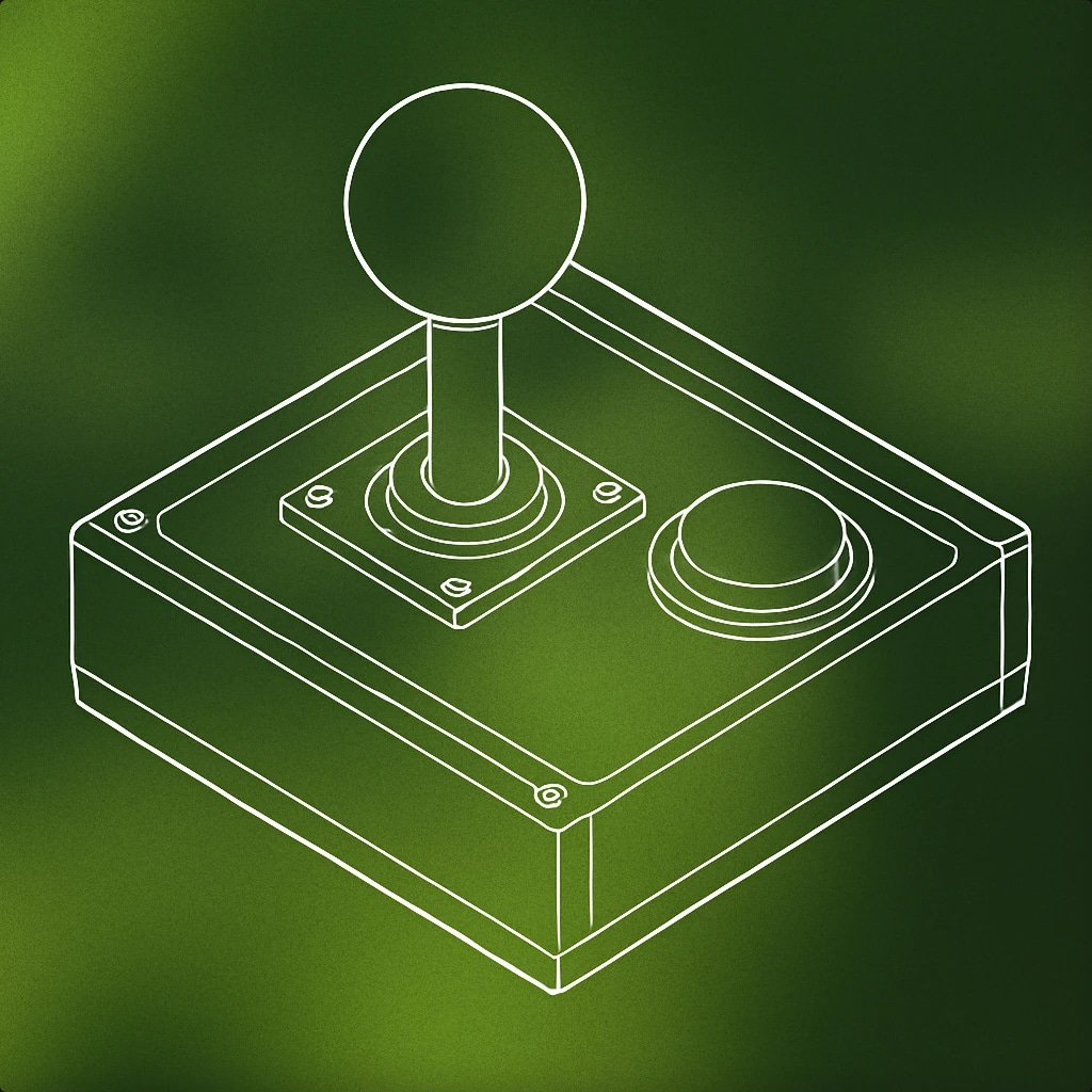 Cover of retro arcade game console with a prominent joystick and a single large button for Video Game sound effects