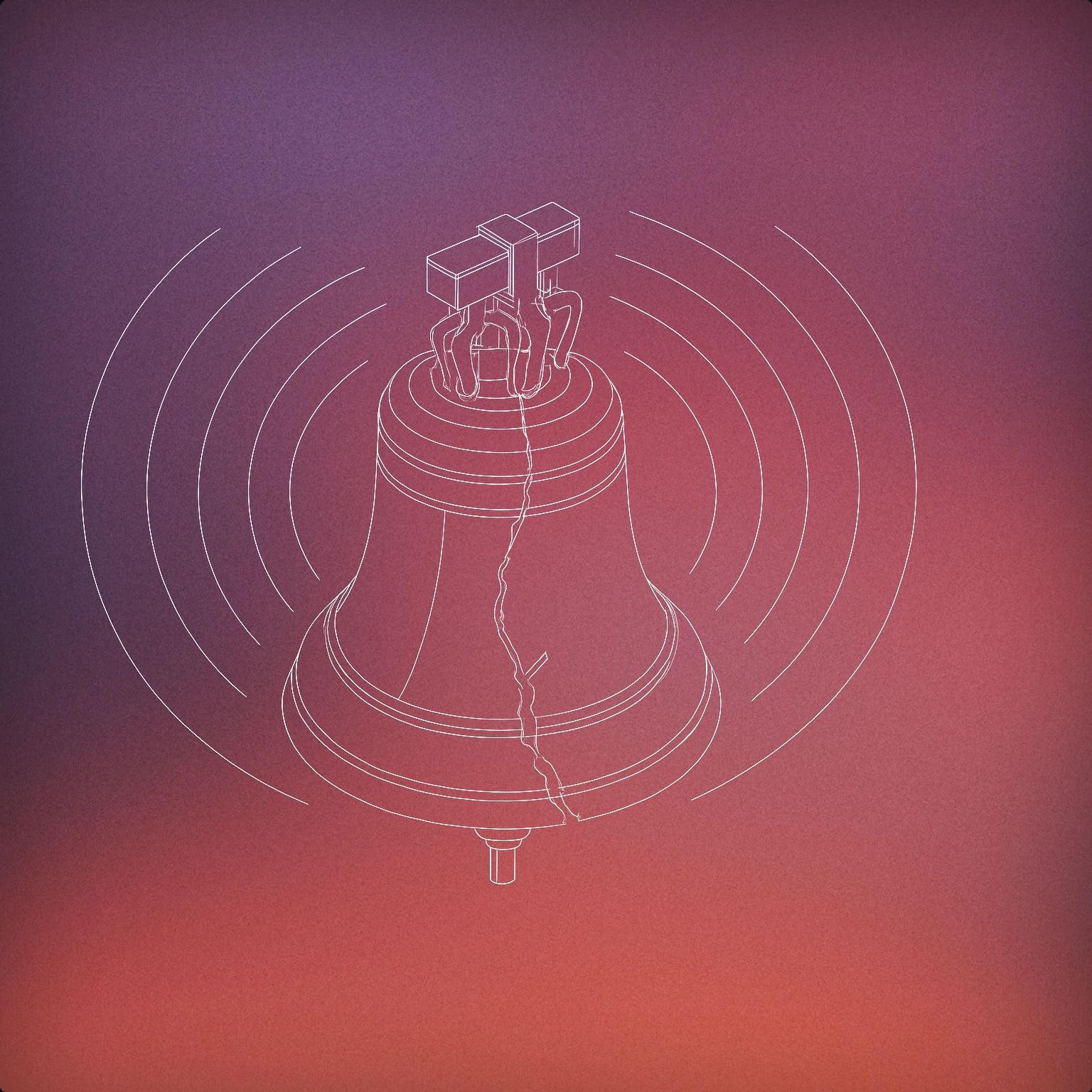 Cover of a large, cracked church bell suspended in mid-air, with visible reverberation lines emanating outward for Ominous sound effects