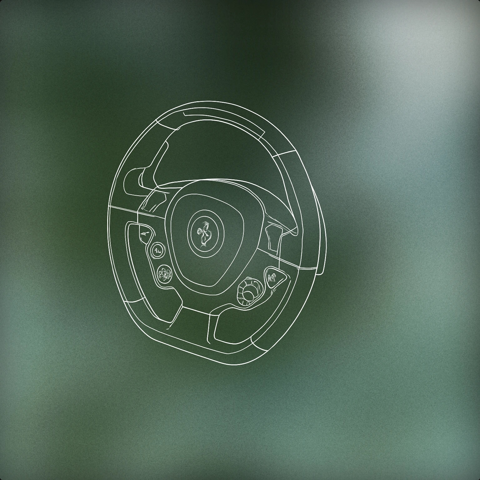 Cover of steering wheel of a Ferrari sports car with a small embedded start button for Ferrari sound effects