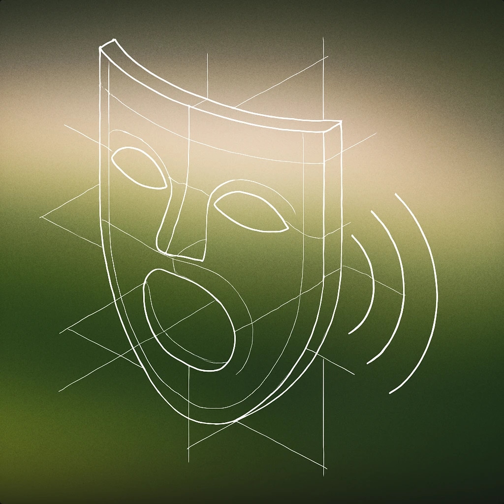 Cover of theater mask with an open mouth and subtle soundwave lines emanating from it for Crowd Laughing sound effects
